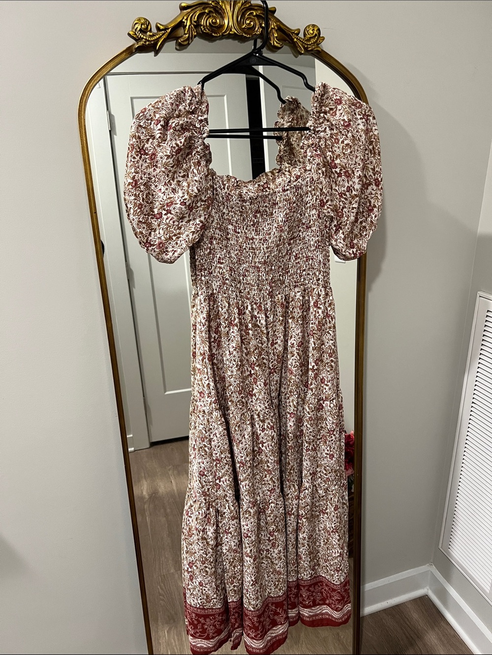 Francesca's Collections Cream Maxi Dress with Red Floral Border